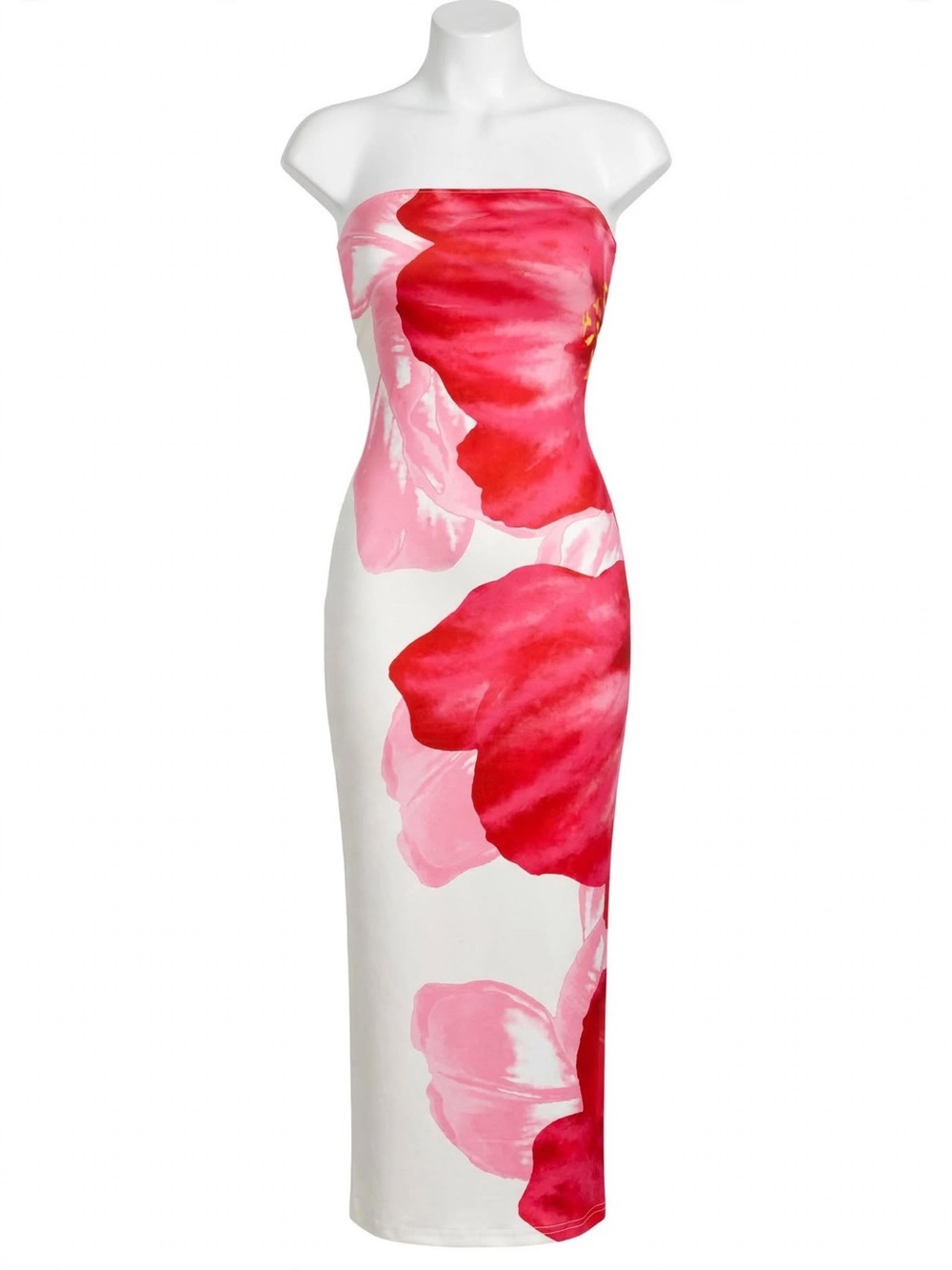 SHEIN White Strapless Midi Dress with Red & Pink Floral Print